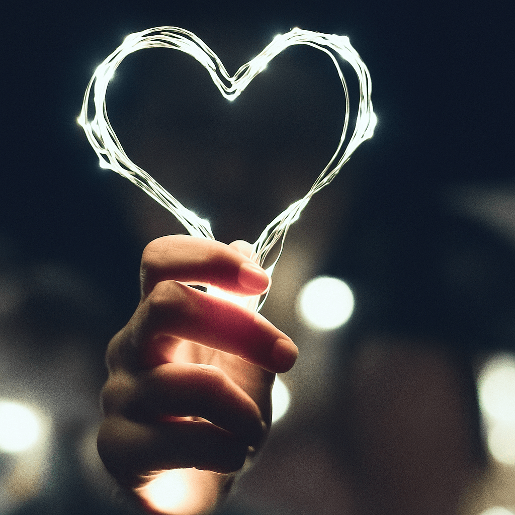 A person holding a glowing heart-shaped string of lights creating a warm and festive atmosphere