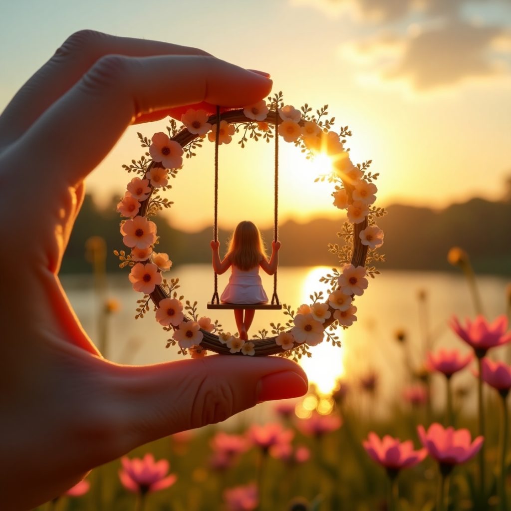 A person holds a miniature doll against a vibrant sunset backdrop, capturing a moment of whimsy and tranquility