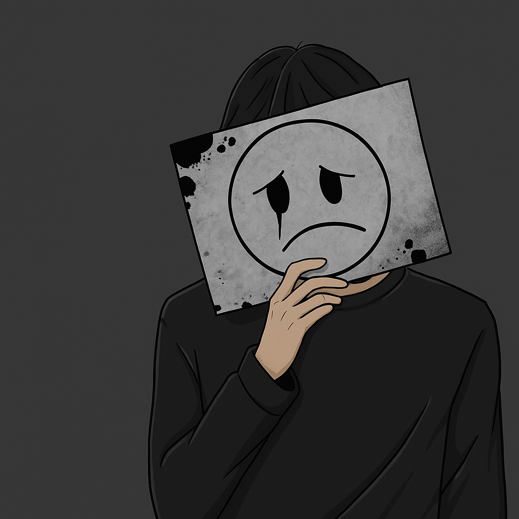 A person holds a paper displaying a sad face, conveying feelings of sadness or disappointment