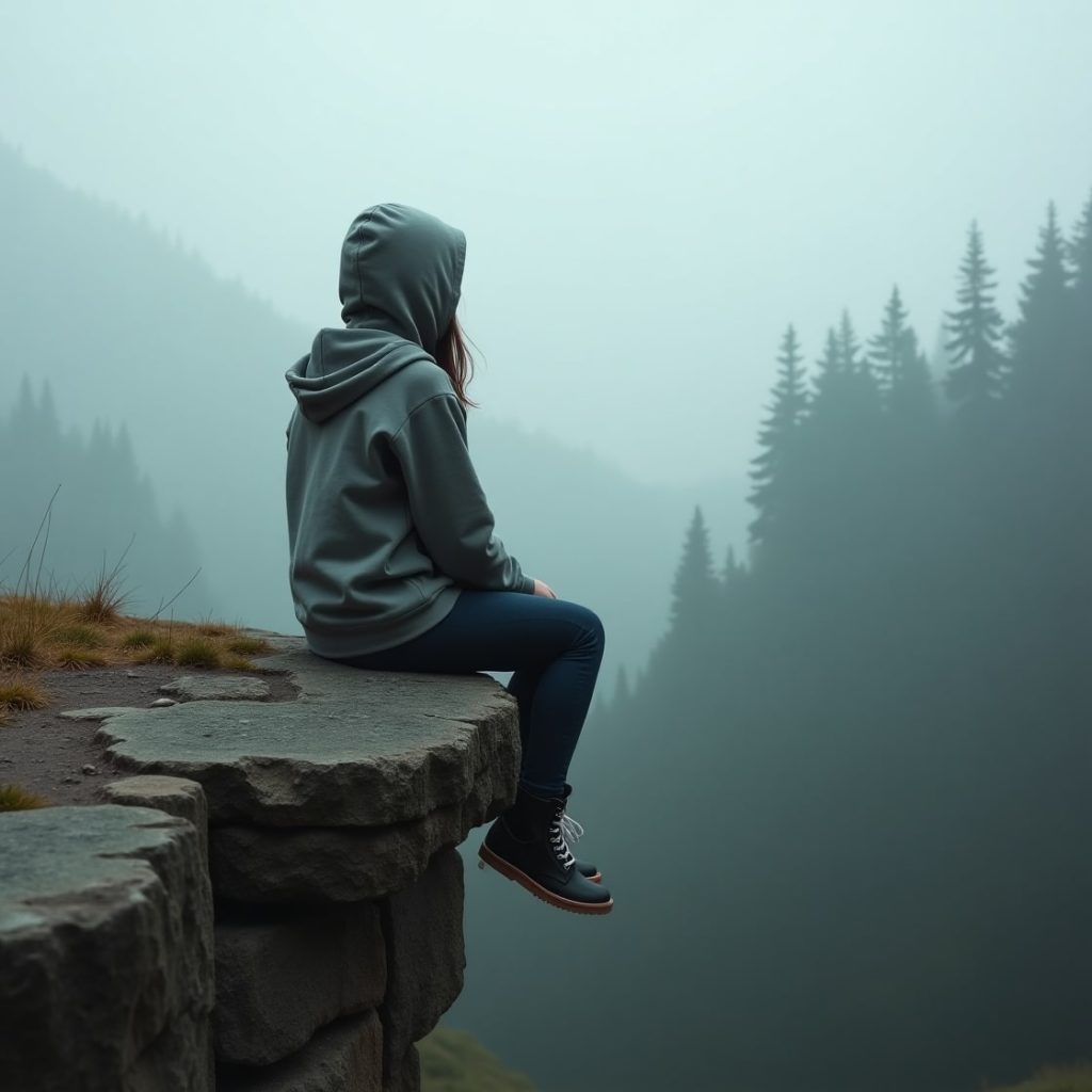 A person sits on a ledge, gazing at a vast mountain landscape under a clear blue sky