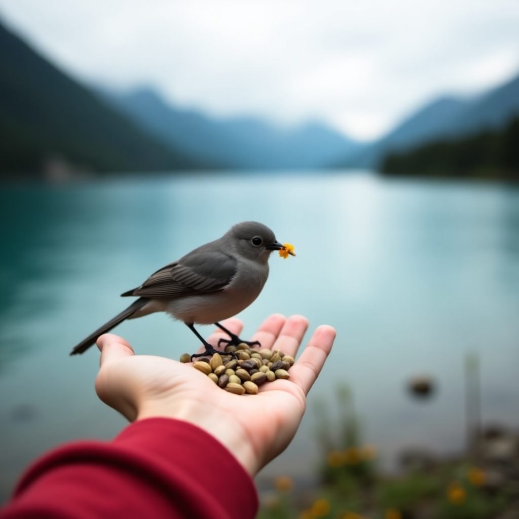A person with a bird perched on their hand, with a calm lake stretching out behind them