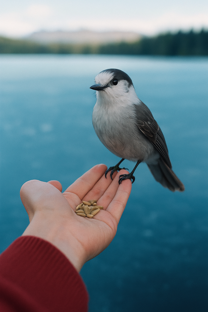 A person with a bird perched on their hand, with a calm lake stretching out behind them