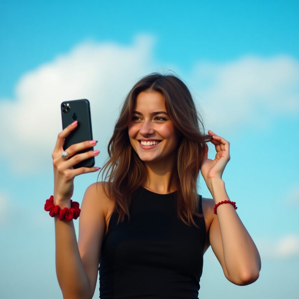 A smiling woman holds her phone up, showcasing a joyful moment captured in her expression