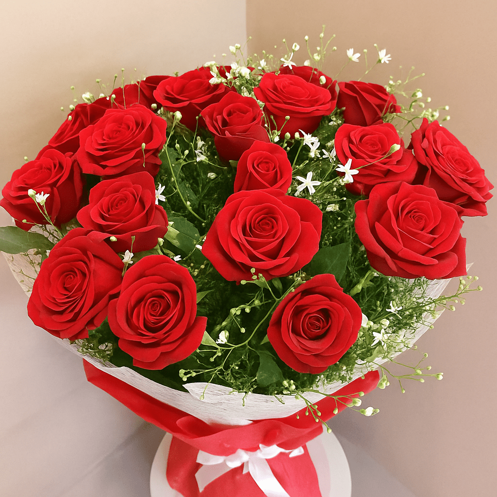 A vibrant bouquet of red roses arranged elegantly
