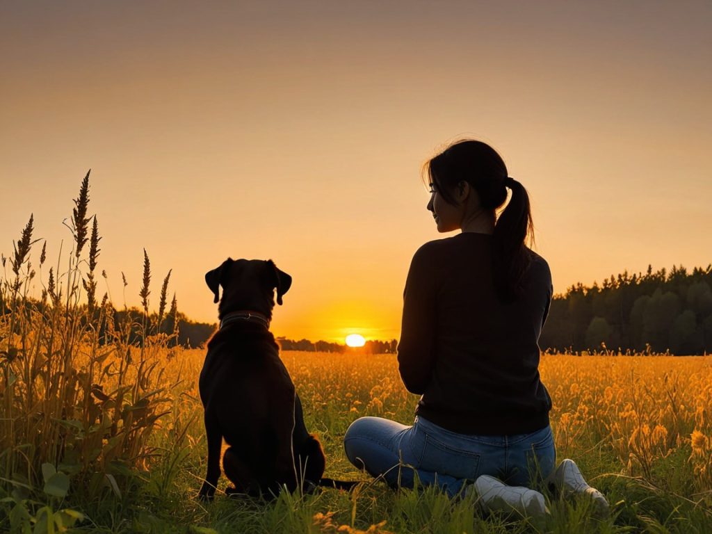 A woman and her dog stand together in a field, silhouetted against a vibrant sunset sky