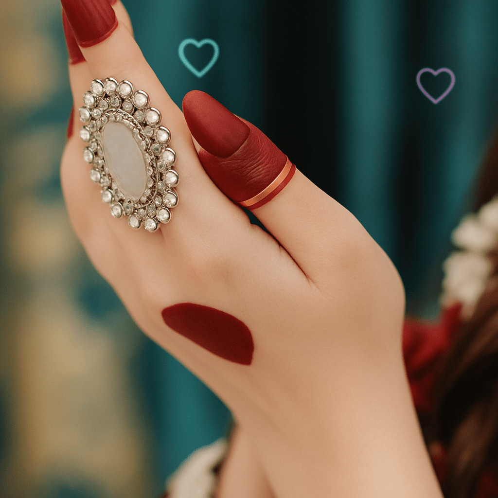 A woman displays her red nails adorned with a sparkling diamond ring on her finger