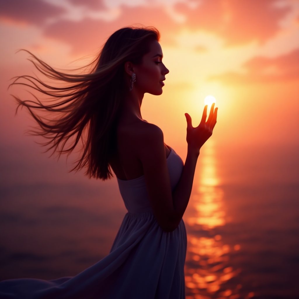 A woman exhaling gently, sending a sunflower into the air