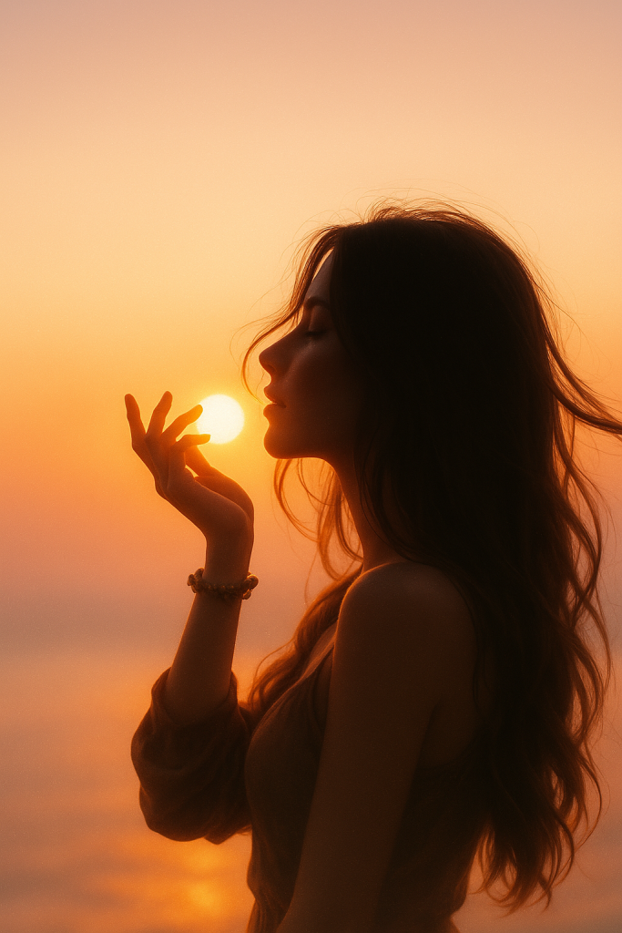 A woman exhaling gently, sending a sunflower into the air, surrounded by a bright, sunny backdrop