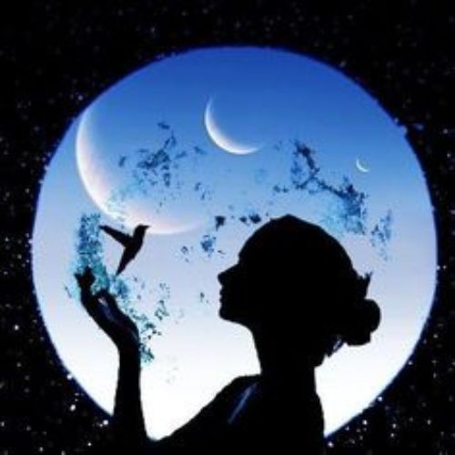 A woman gently holds a bird against the backdrop of a large, luminous full moon