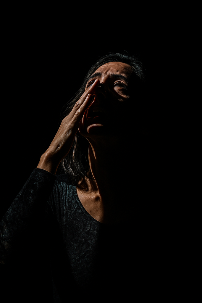 A woman holds her face in a dark setting, conveying a sense of contemplation or distress