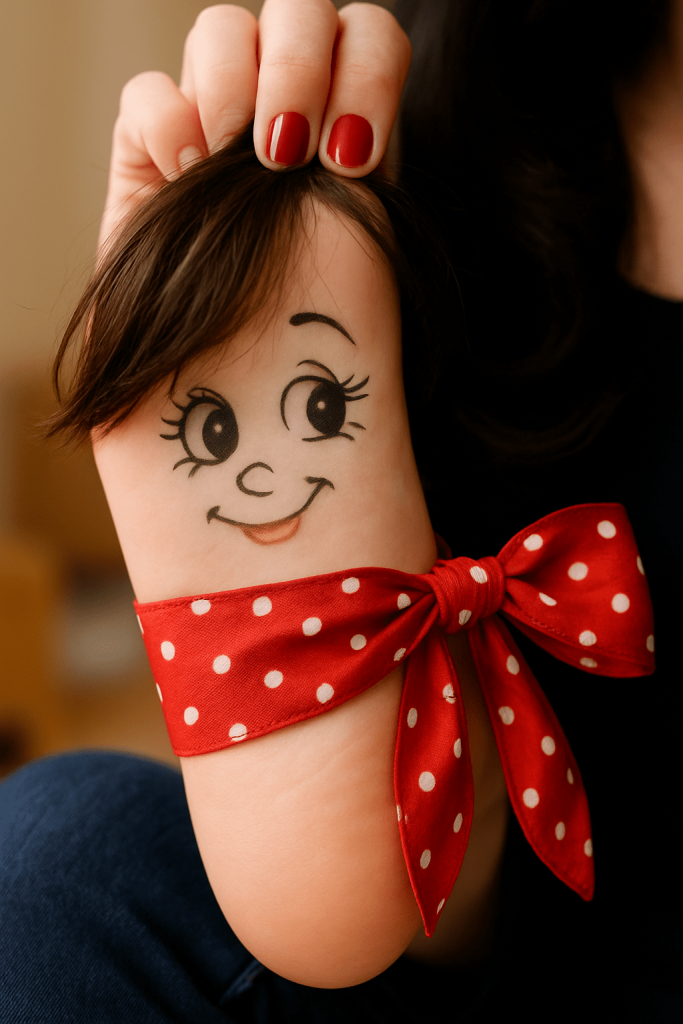 A woman holds up a foot with a drawn face, smiling and looking playful