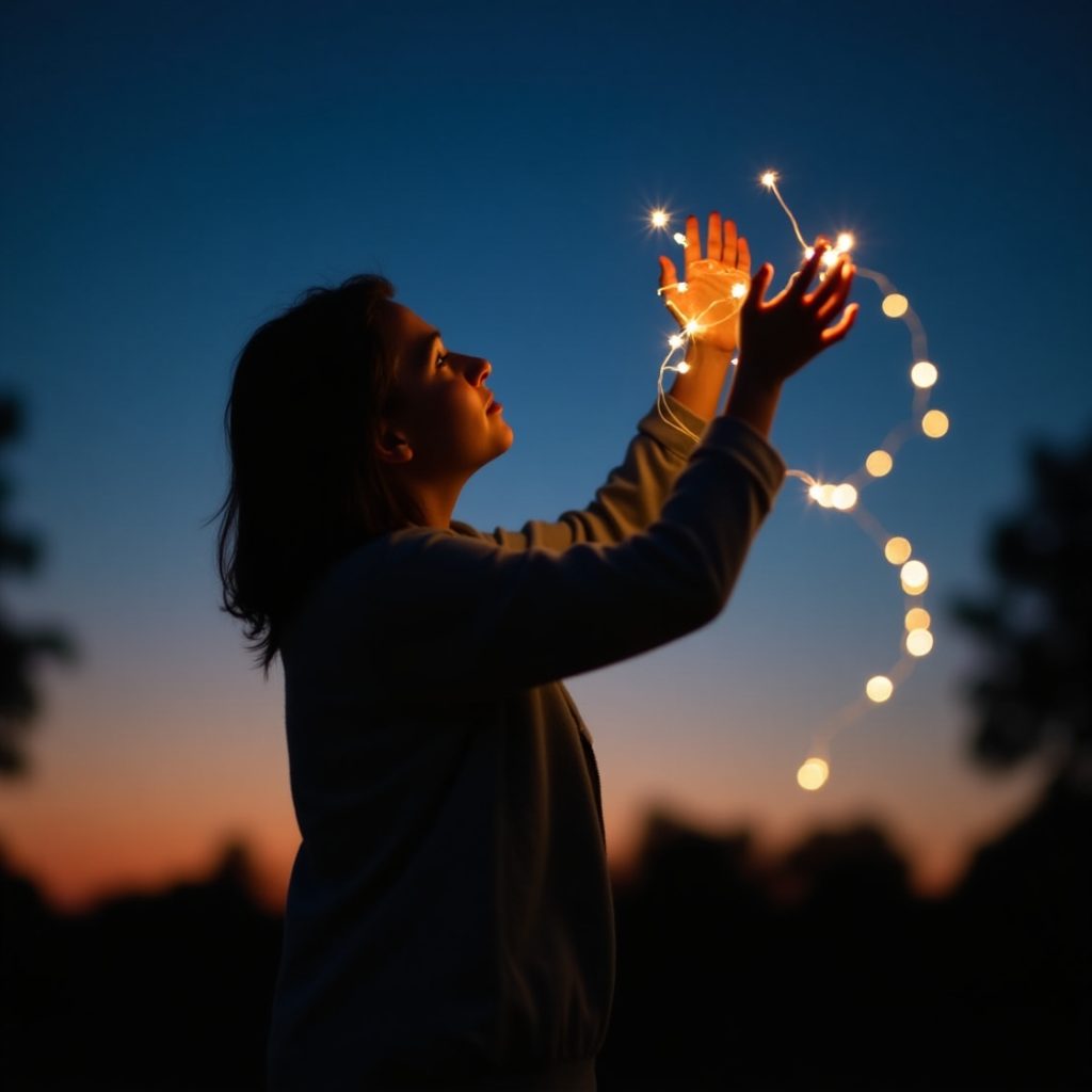 A woman holds up string lights against a dusky sky