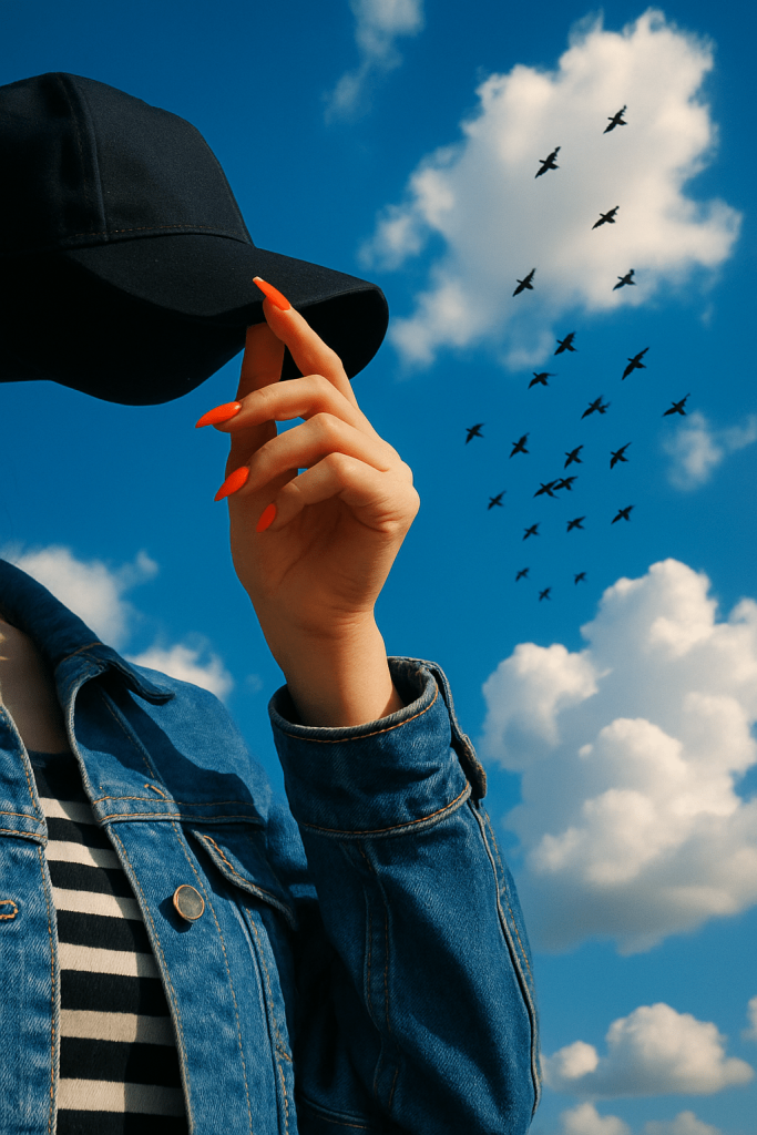 A woman in a hat and denim jacket stands confidently, showcasing her casual yet stylish outfit