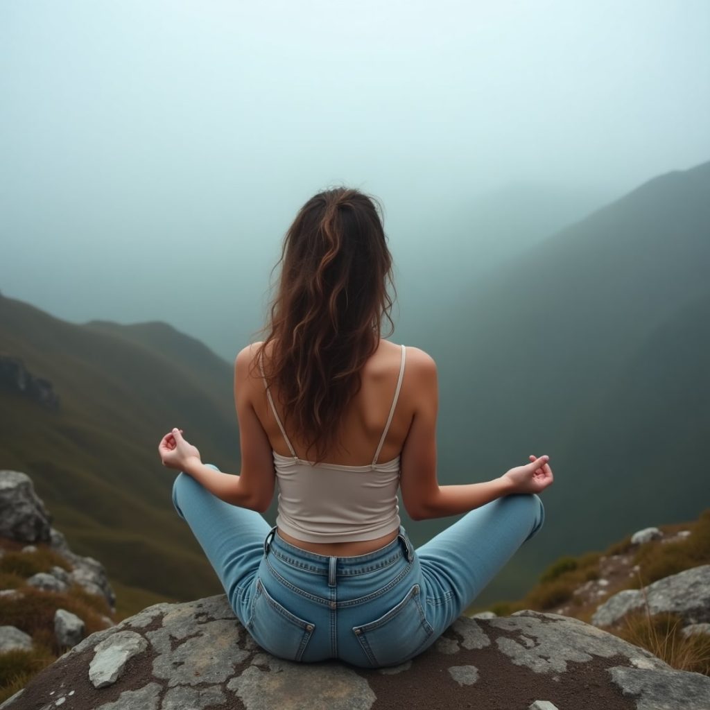 A woman in meditation pose sits peacefully atop a mountain