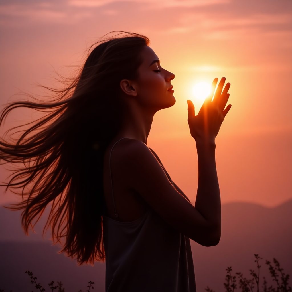 A woman joyfully blowing a sunflower into the air