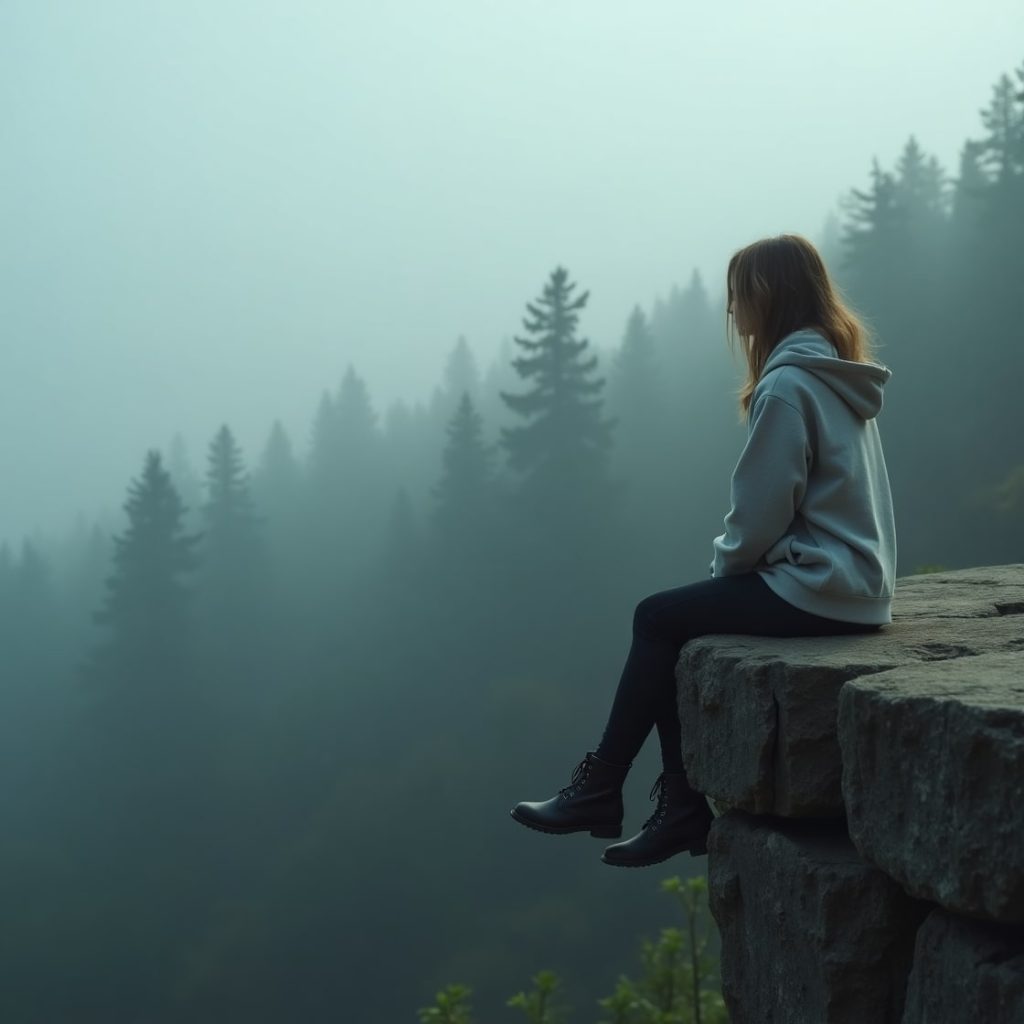 A woman perched on a ledge, overlooking a vibrant forest