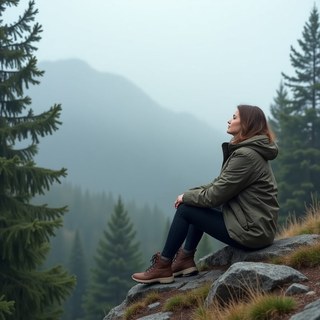 A woman perched on a rock in the mountains