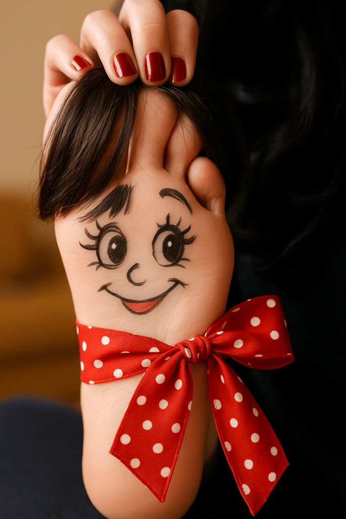 A woman presents a foot with a face sketched on it