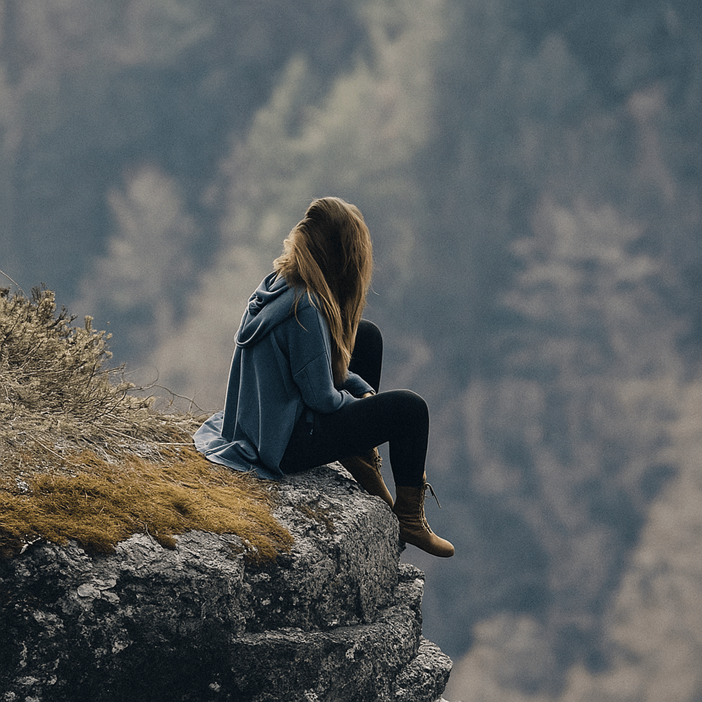 A woman sits on a cliff, gazing out over a lush green forest below
