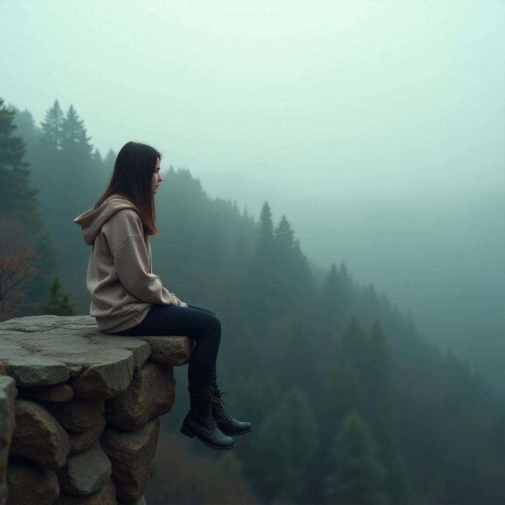 A woman sits on a rock, gazing out over a lush green forest under a clear blue sky
