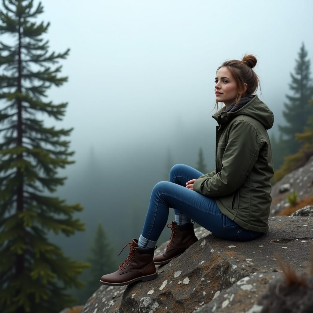 A woman sitting on a rock, surrounded by majestic mountains under a clear blue sky
