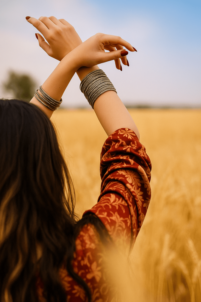 A woman stands in a field with her arms raised, embracing the open space and natural surroundings