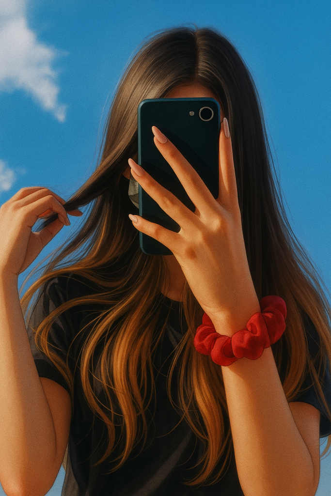 A woman with long hair is holding her phone, looking at the screen with a focused expression