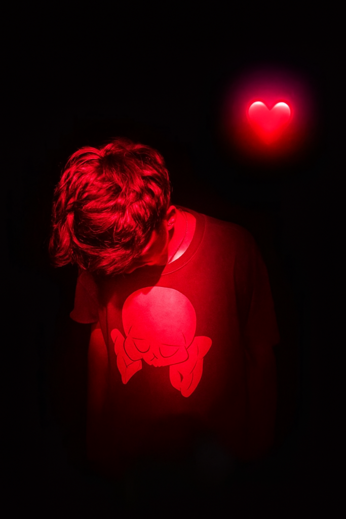 A young boy wearing a shirt with a prominent red heart design on the front