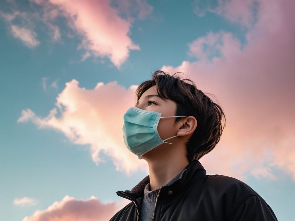 A young man in a surgical mask stands against a cloudy sky, highlighting a sense of caution and concern for health
