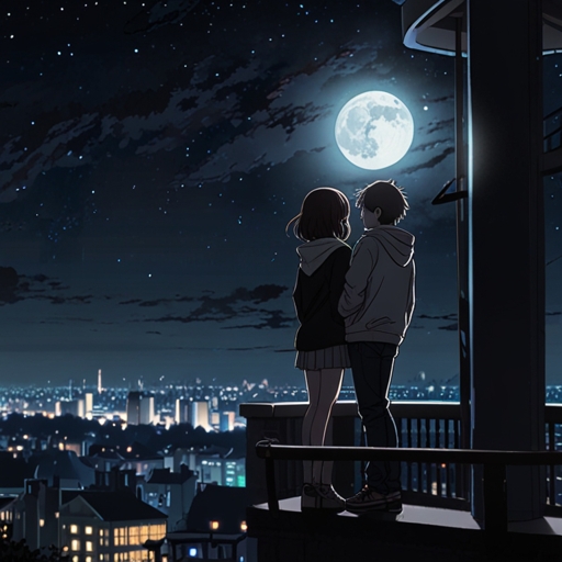 Anime couple on a balcony gazing at the full moon, surrounded by a starry night sky