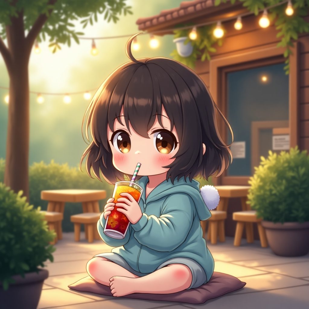 Anime girl sitting on the ground, holding a drink, with a relaxed expression and colorful background