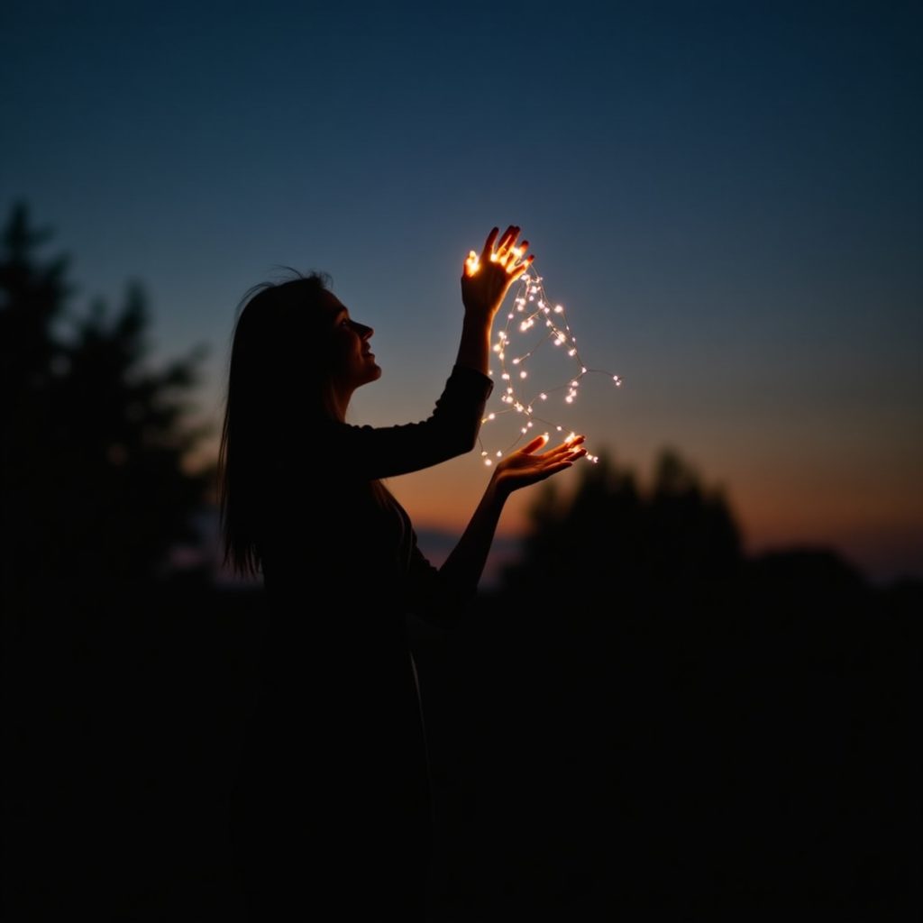 At dusk, a woman displays string lights