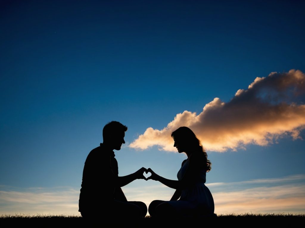 Silhouette of a couple forming a heart shape with their hands against a sunset backdrop