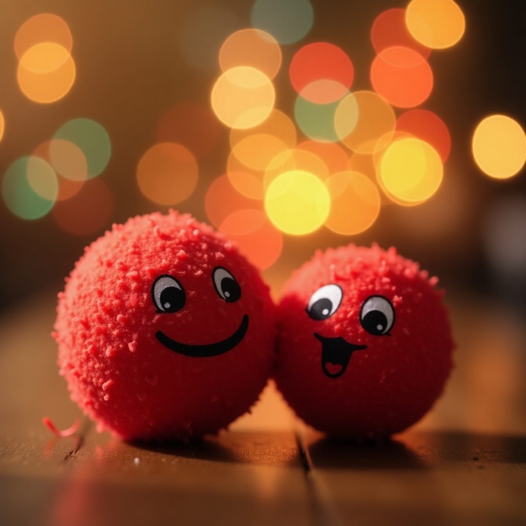 Two red balls with cartoon faces, one smiling and one frowning, placed side by side on a white background
