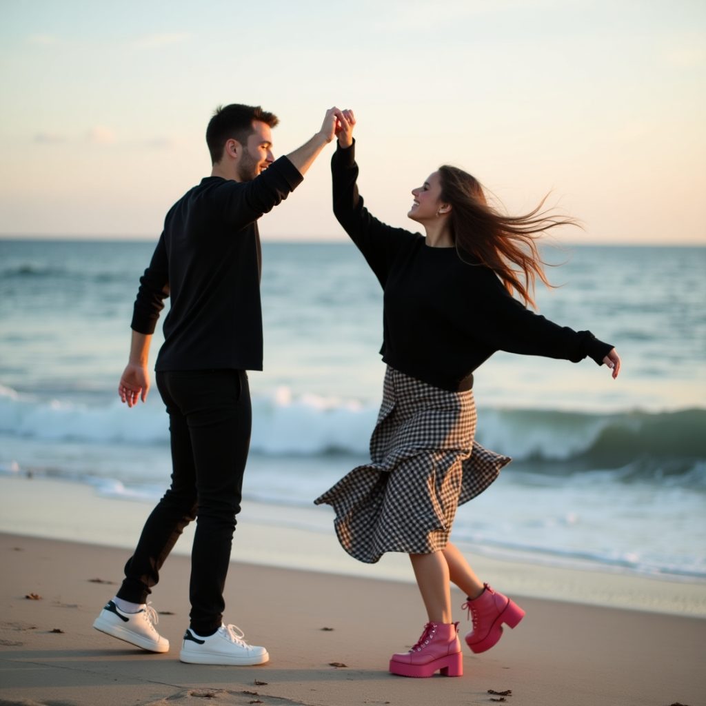 Young couple joyfully dancing together on a sandy beach during sunset, with waves gently lapping in the background