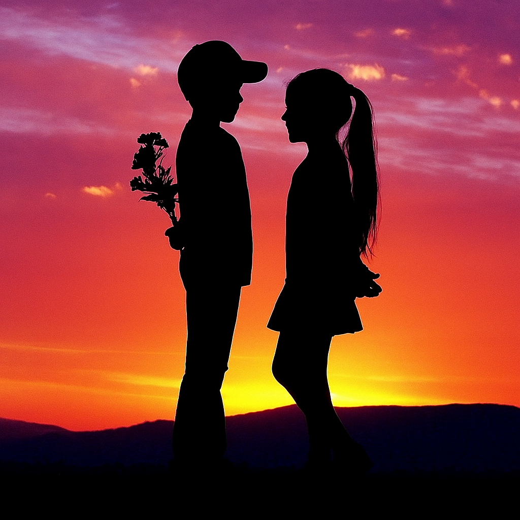 A boy and girl are silhouetted against a vibrant sunset, creating a serene and picturesque scene