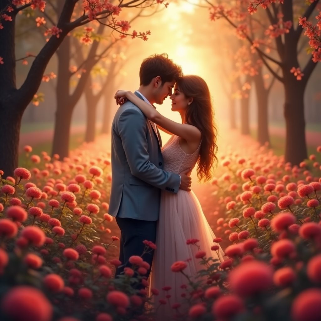 A couple in love embraces in a vibrant field of red flowers, surrounded by nature's beauty and warmth