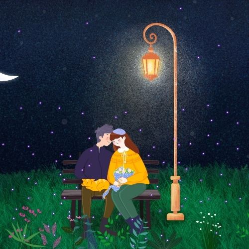 A couple sits on a bench under a bright moon, surrounded by a starry night sky, creating a romantic atmosphere