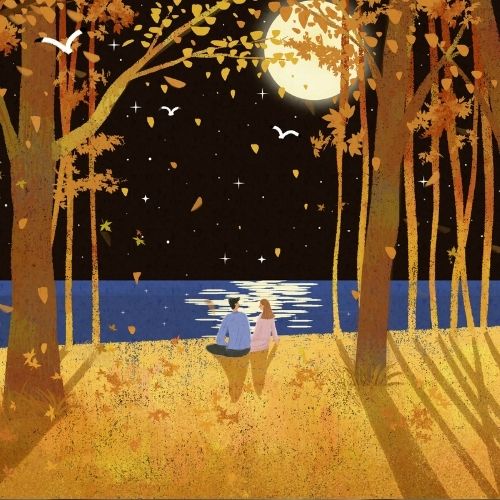 A couple sitting on the forest floor at night, surrounded by trees and illuminated by soft moonlight