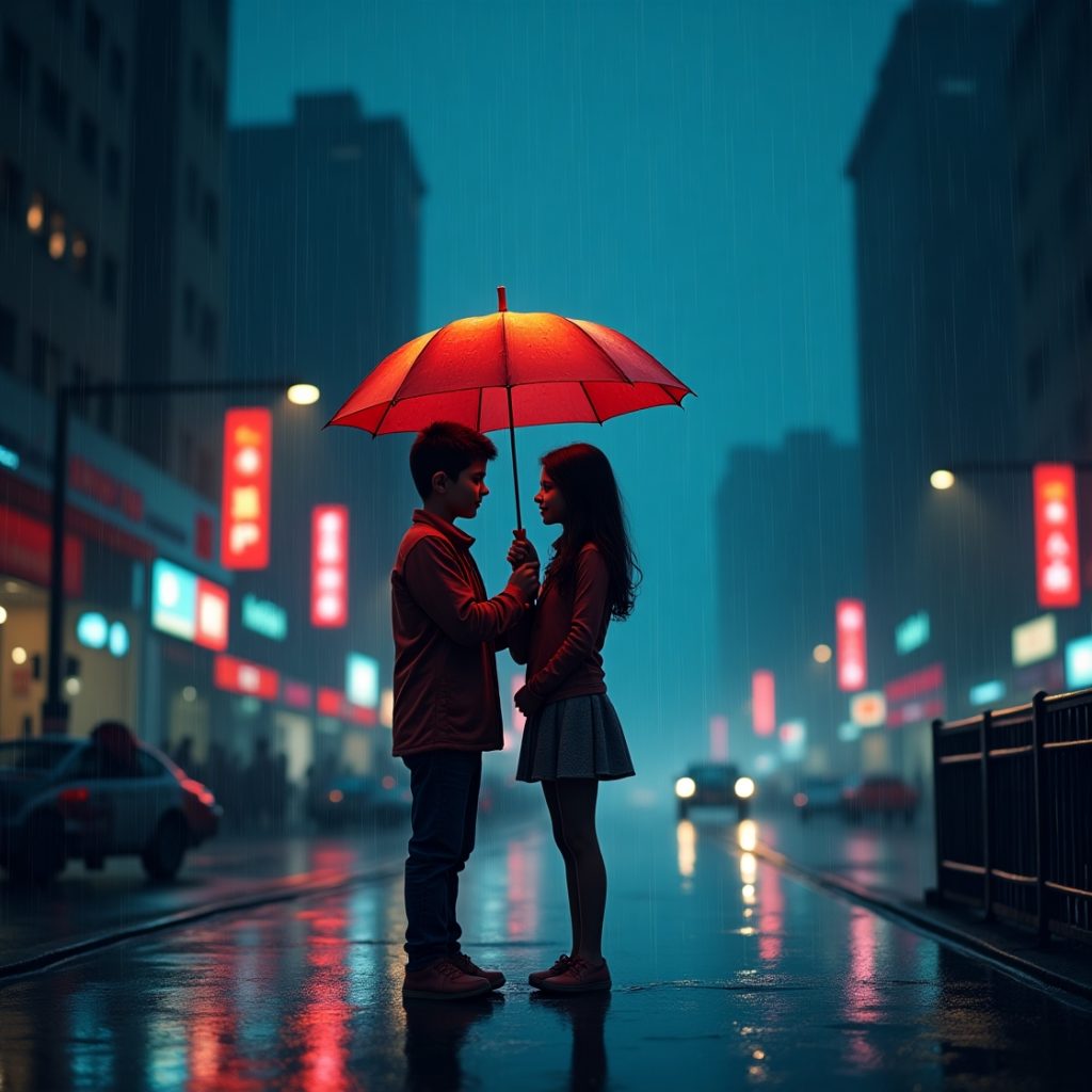 A couple stands closely under a colorful umbrella, sharing a moment together in the rain
