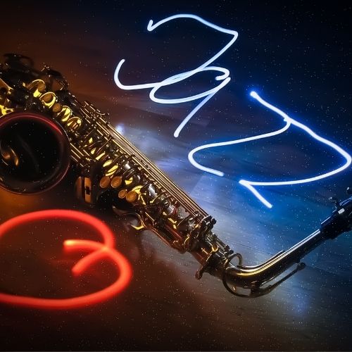 A glowing neon sign of a saxophone intertwined with a heart, representing the soulful essence of jazz music