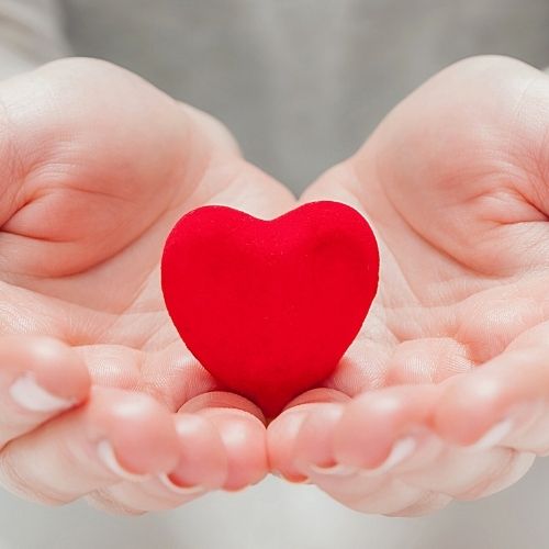 A person gently cradles a bright red heart in their hands, symbolizing love and compassion