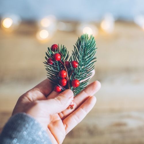 A person holds a heart-shaped fir branch adorned with vibrant red berries