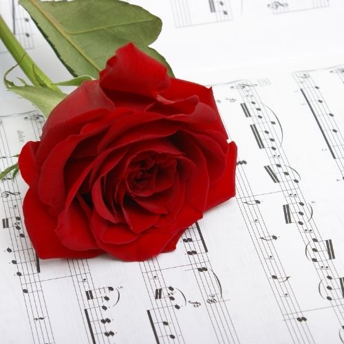 A vibrant red rose rests on a sheet of music, surrounded by musical notes
