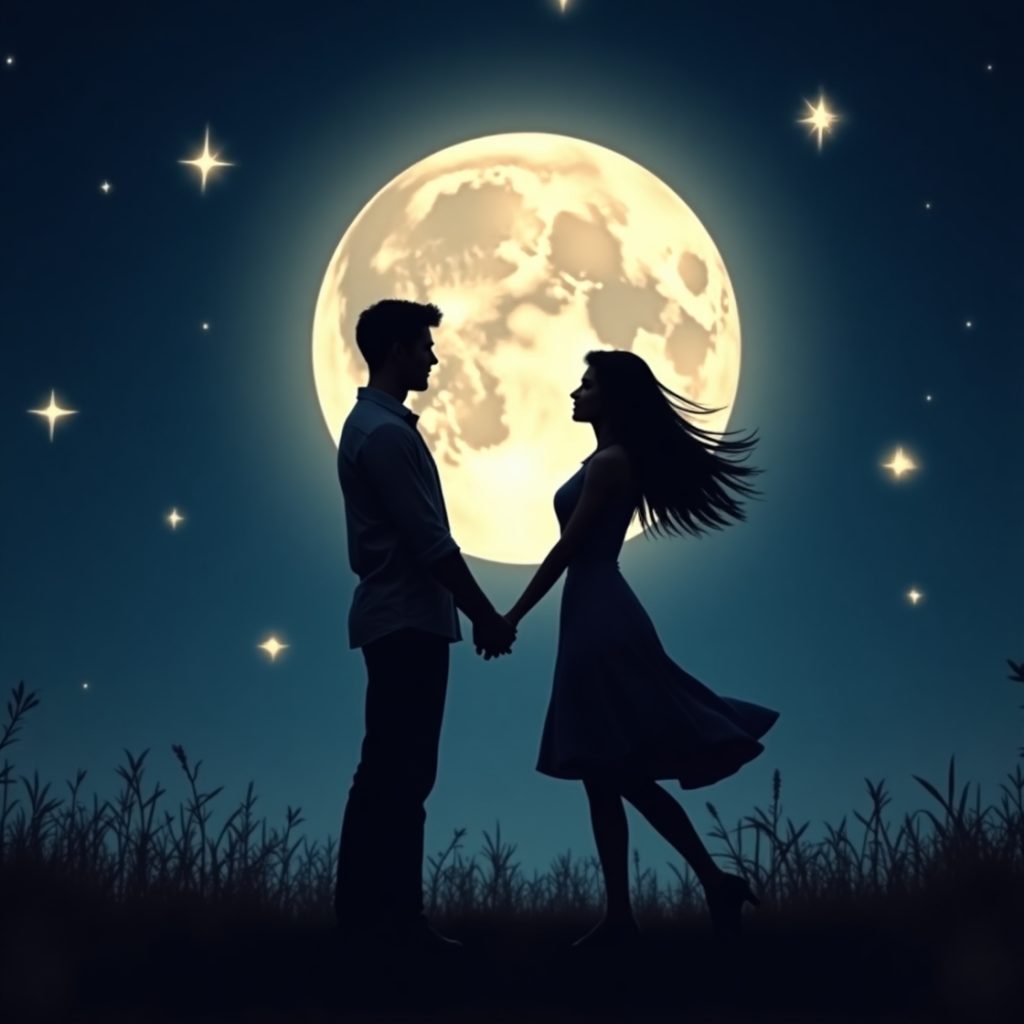 Couple kissing under a moonlit sky, surrounded by a romantic wallpaper design