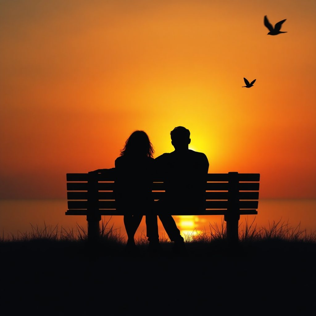 Couple sitting on a bench at sunset, with birds flying overhead against a colorful sky