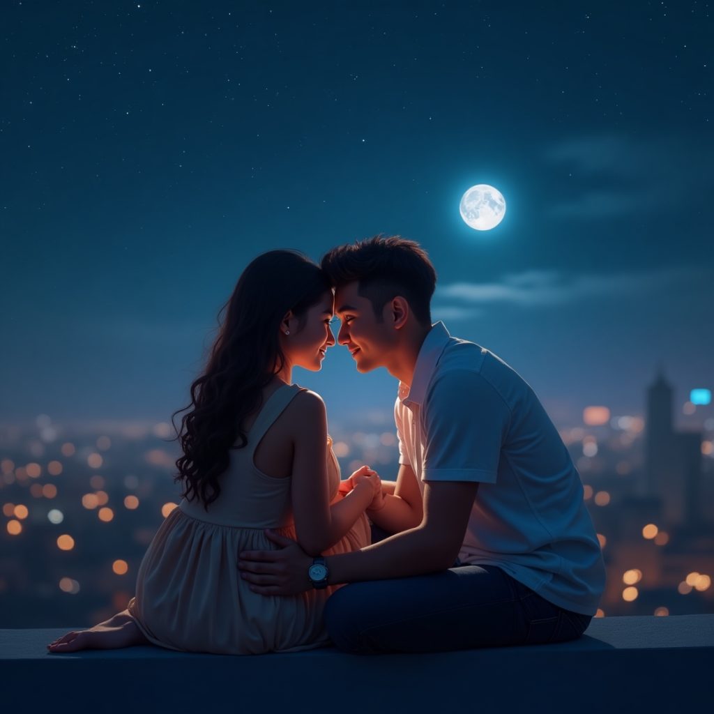 Couple sitting on a rooftop, gazing at the moonlit sky in the background