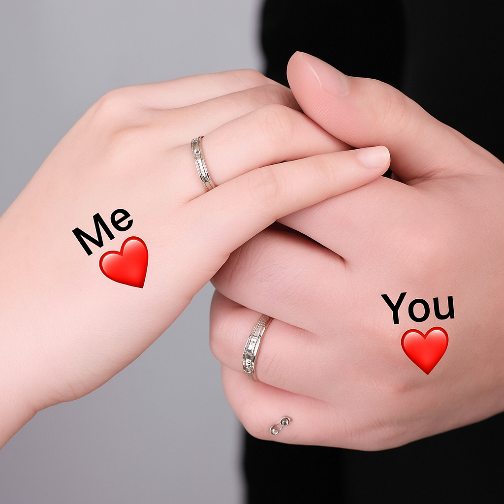 Two people holding hands, each with a red heart painted on their fingers, symbolizing love and connection