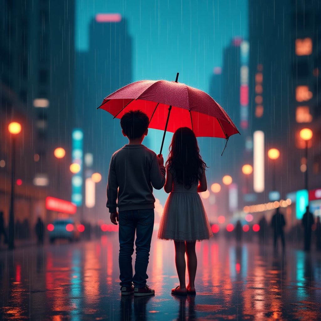 Two people stand together in the rain, sharing an umbrella to stay dry