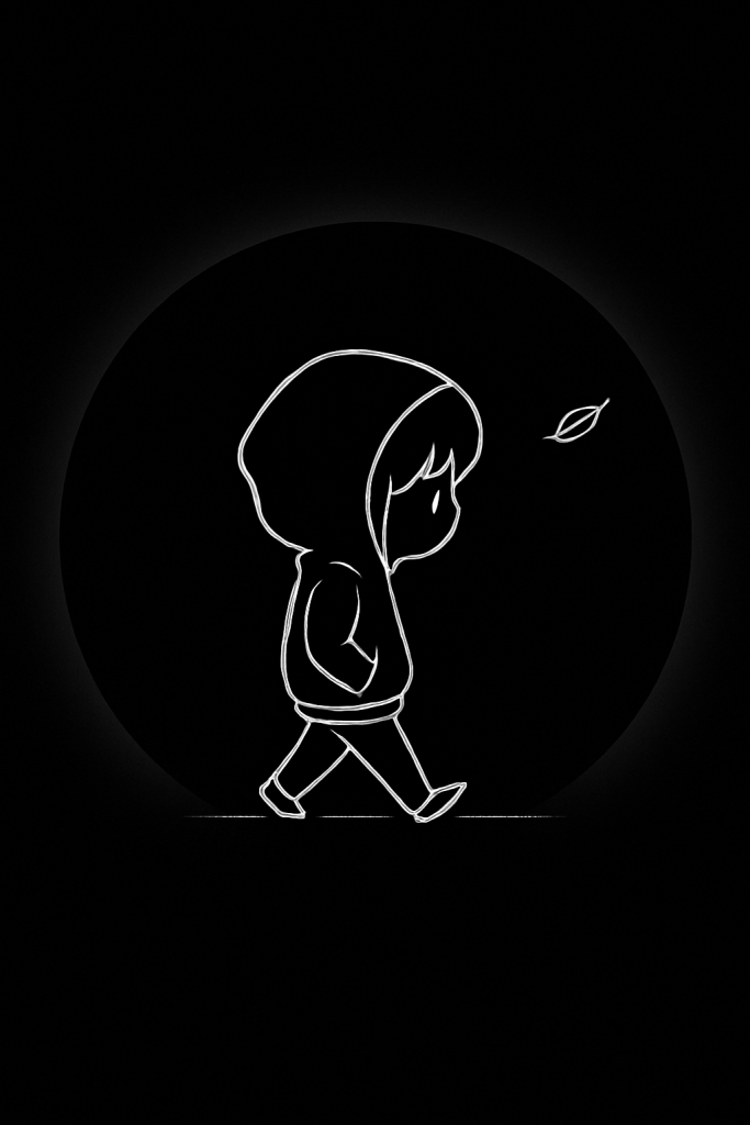 A black and white drawing depicting a person walking, showcasing their silhouette in motion